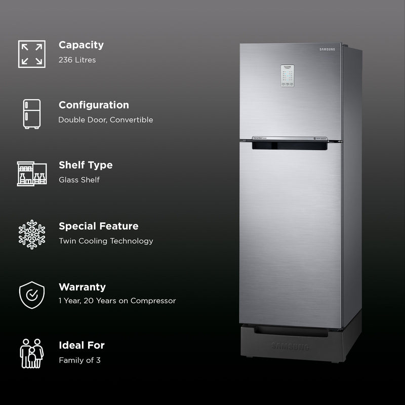 SAMSUNG 236 Litres 2 Star Auto Defrost Double Door Convertible Refrigerator with Convertible Freezer (RT28C3832S8/HL, Elegant Inox)