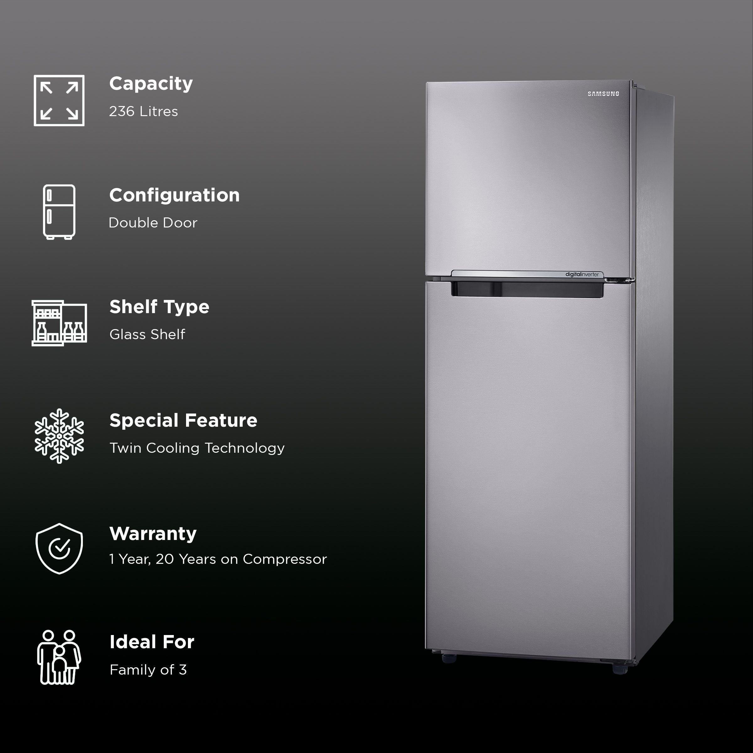 SAMSUNG 236 Litres 2 Star Frost Free Double Door Refrigerator with Deodorizer (RT28C3042S8/HL, Elegant Inox)