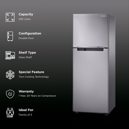 SAMSUNG 236 Litres 2 Star Frost Free Double Door Refrigerator with Deodorizer (RT28C3042S8/HL, Elegant Inox)