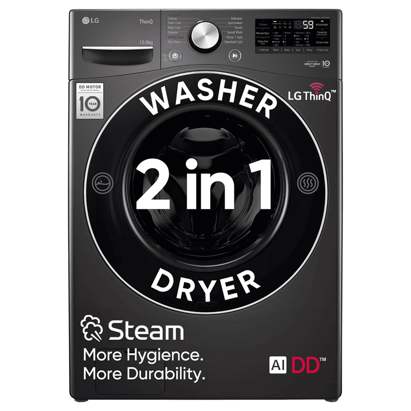LG 15/8 kg 5 Star Fully Automatic Front Load Washer Dryer(FHD1508STB.ABLQEIL, AI Direct Drive, Black VCM)