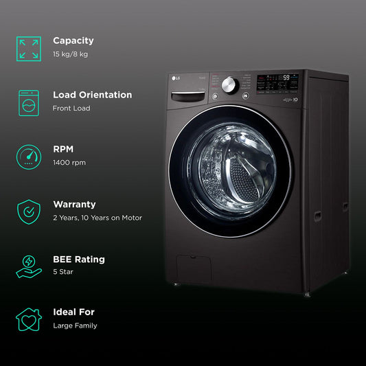 LG 15/8 kg 5 Star Fully Automatic Front Load Washer Dryer(FHD1508STB.ABLQEIL, AI Direct Drive, Black VCM)
