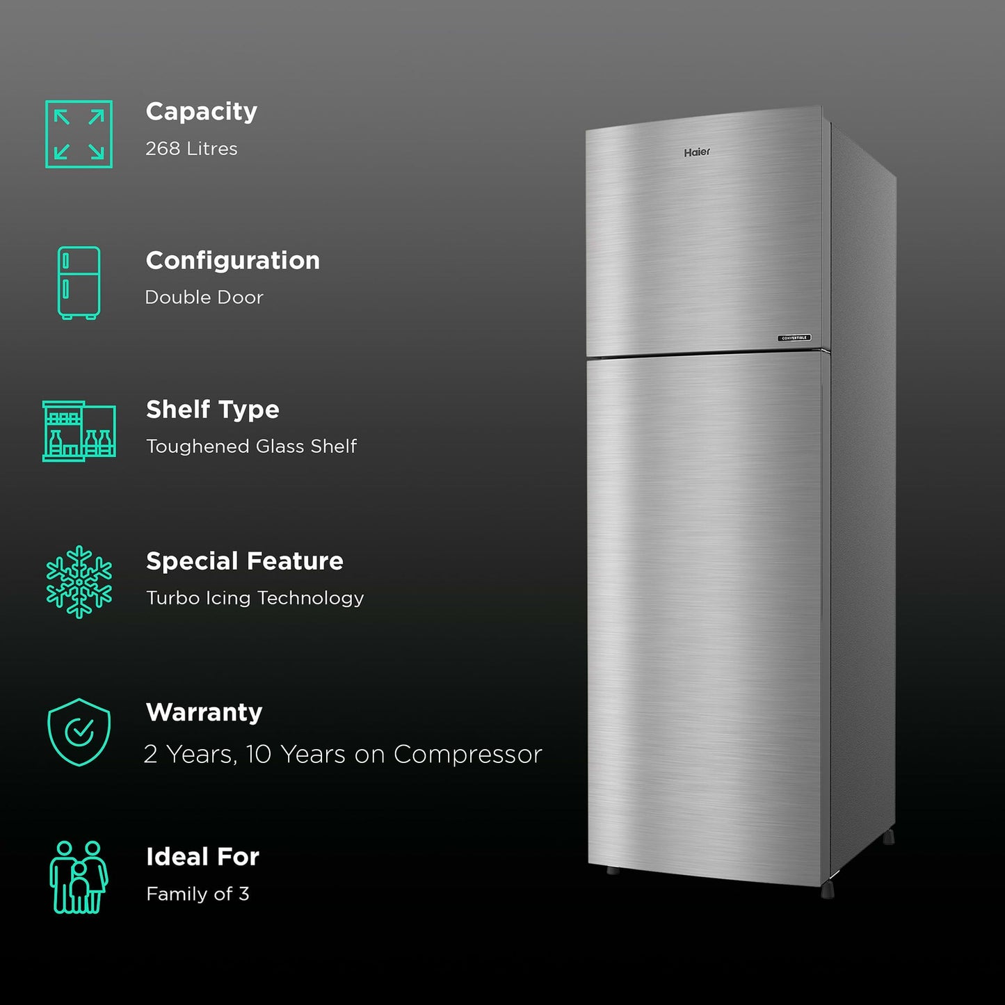 Haier 268 Litres 2 Star Frost Free Double Door Convertible Refrigerator with Turbo Icing (HRF-3182BIS-P, Inox Steel)