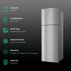 Haier 268 Litres 2 Star Frost Free Double Door Convertible Refrigerator with Turbo Icing (HRF-3182BIS-P, Inox Steel)
