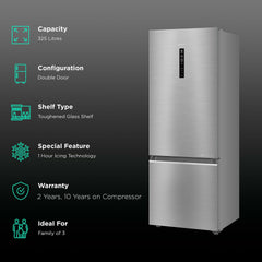 Haier 325 Litres 3 Star Frost Free Double Door Bottom Mount Convertible Refrigerator with Triple Inverter Technology (HRB-3753BBS-P, Brushline Silver)