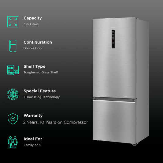 Haier 325 Litres 3 Star Frost Free Double Door Bottom Mount Convertible Refrigerator with Triple Inverter Technology (HRB-3753BBS-P, Brushline Silver)