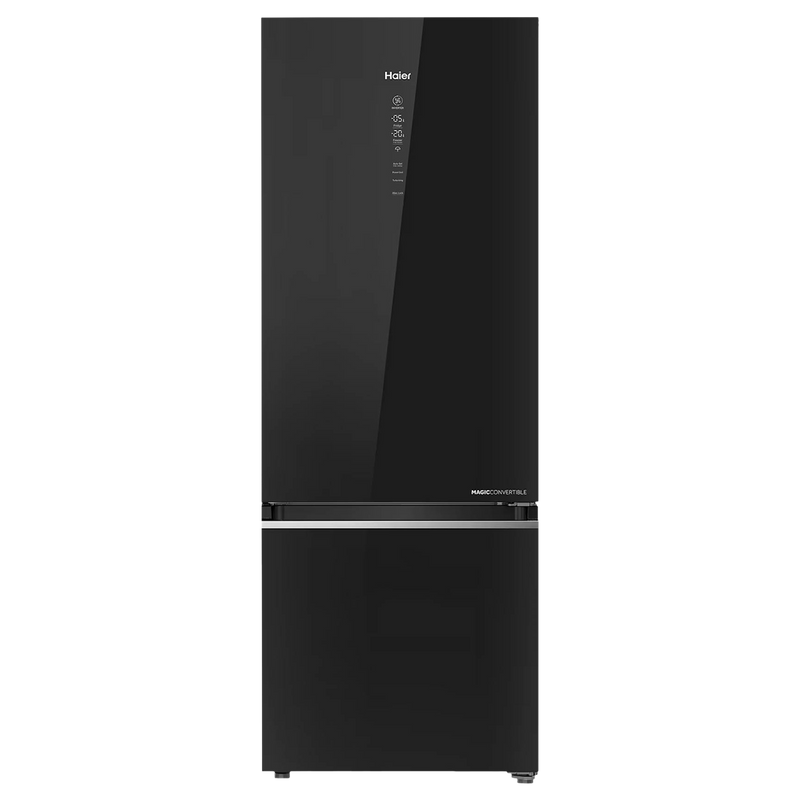 Haier 355 Litres 3 Star Frost Free Double Door Bottom Mount Convertible Refrigerator with Triple Inverter Technology (HRB-4053PKG-P, Black Glass)