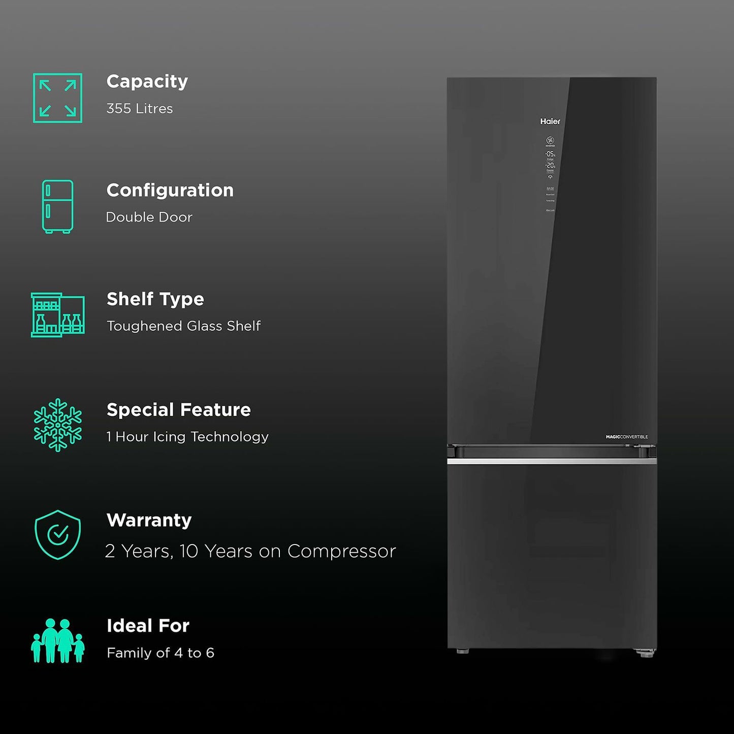 Haier 355 Litres 3 Star Frost Free Double Door Bottom Mount Convertible Refrigerator with Triple Inverter Technology (HRB-4053PKG-P, Black Glass)