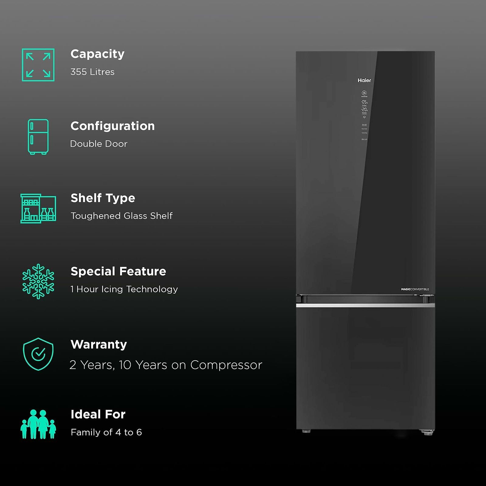 Haier 355 Litres 3 Star Frost Free Double Door Bottom Mount Convertible Refrigerator with Triple Inverter Technology (HRB-4053PKG-P, Black Glass)