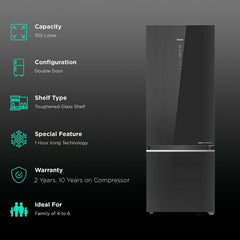 Haier 355 Litres 3 Star Frost Free Double Door Bottom Mount Convertible Refrigerator with Triple Inverter Technology (HRB-4053PKG-P, Black Glass)