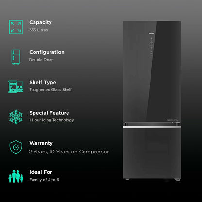 Haier 355 Litres 3 Star Frost Free Double Door Bottom Mount Convertible Refrigerator with Triple Inverter Technology (HRB-4053PKG-P, Black Glass)