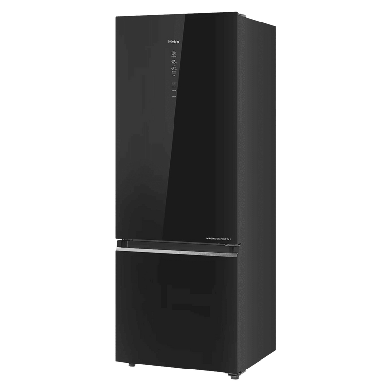 Haier 355 Litres 3 Star Frost Free Double Door Bottom Mount Convertible Refrigerator with Triple Inverter Technology (HRB-4053PKG-P, Black Glass)