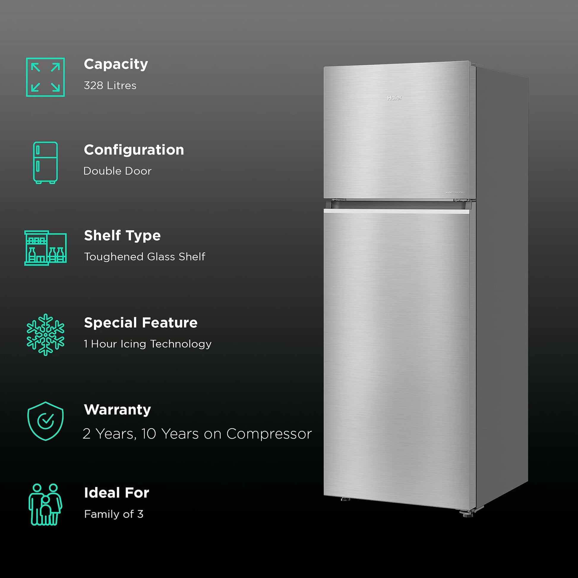 Haier 328 Litres 3 Star Frost Free Double Door Convertible Refrigerator with Triple Inverter Technology (HRF-3783BIS-P, Inox Steel)