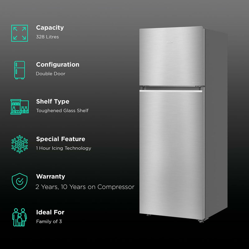 Haier 328 Litres 3 Star Frost Free Double Door Convertible Refrigerator with Triple Inverter Technology (HRF-3783BIS-P, Inox Steel)