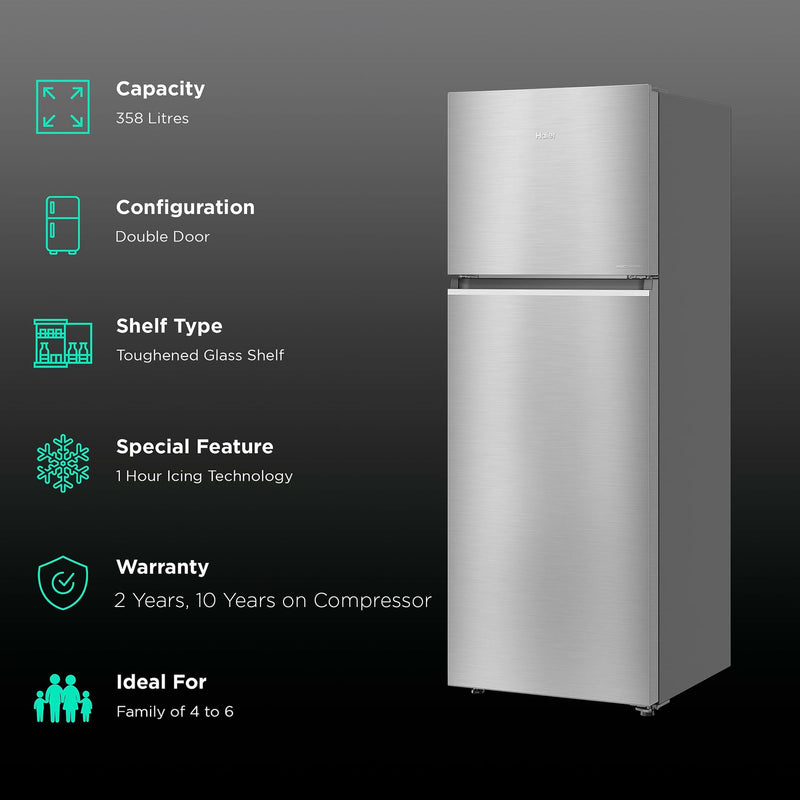 Haier 358 Litres 3 Star Frost Free Double Door Convertible Refrigerator with Triple Inverter Technology (HRF-4083BIS-P, Inox Steel)