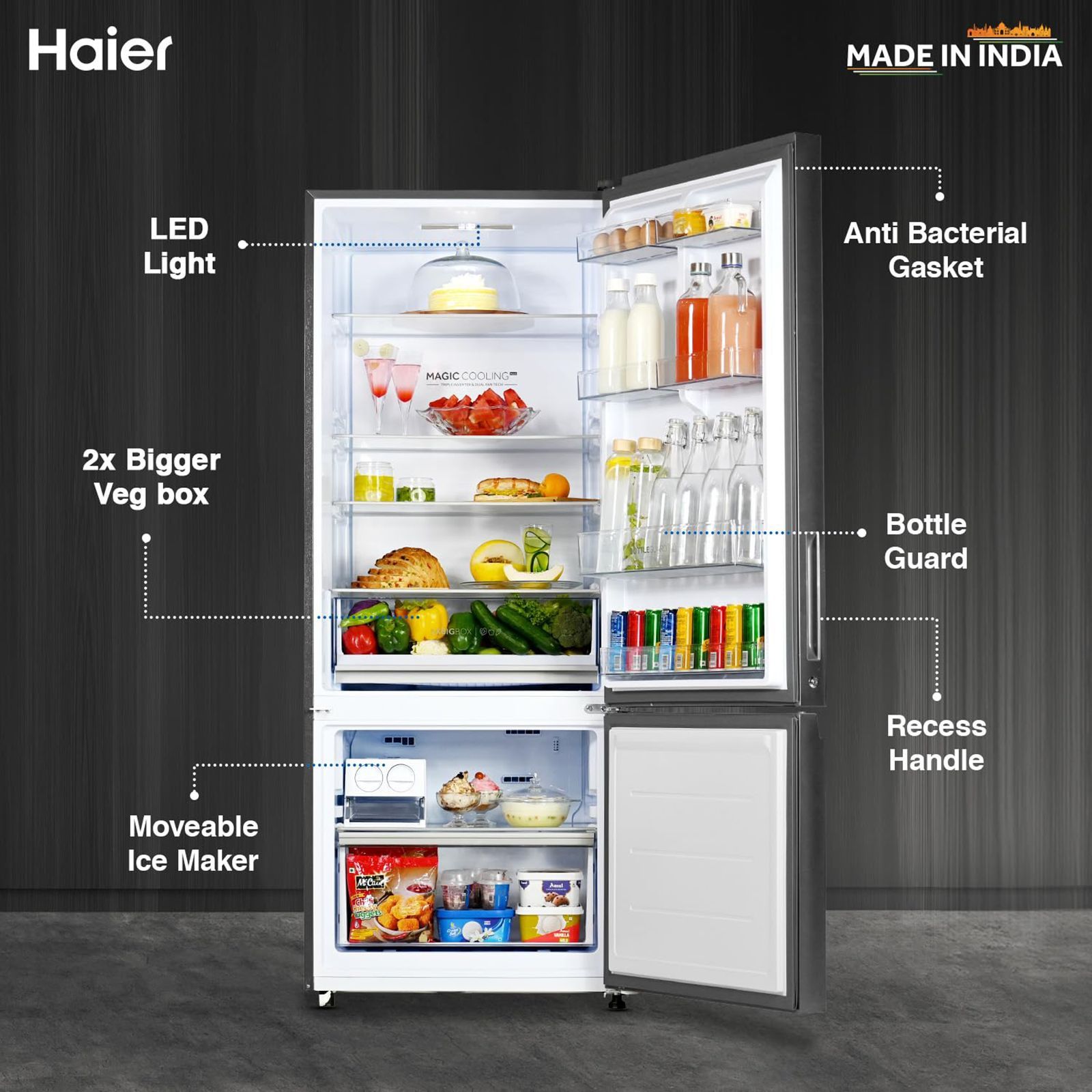 Haier 445 Litres 2 Star Frost Free Double Door Bottom Mount Convertible Refrigerator with Triple Inverter Technology (HRB-4952BIS-P, Inox Steel)