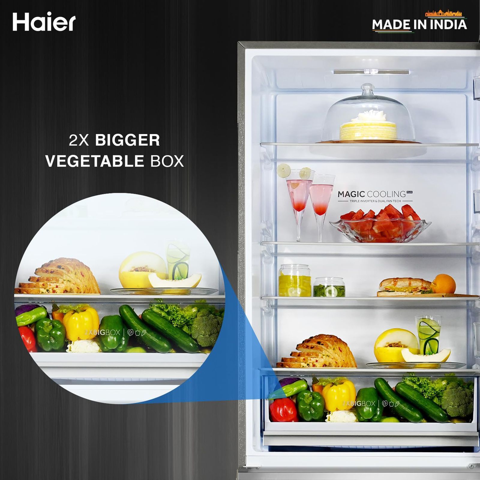 Haier 445 Litres 2 Star Frost Free Double Door Bottom Mount Convertible Refrigerator with Triple Inverter Technology (HRB-4952BIS-P, Inox Steel)