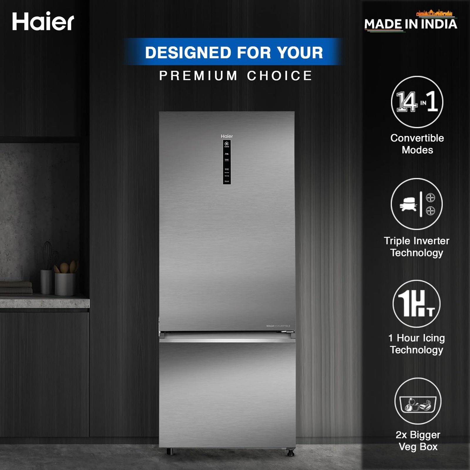 Haier 445 Litres 2 Star Frost Free Double Door Bottom Mount Convertible Refrigerator with Triple Inverter Technology (HRB-4952BIS-P, Inox Steel)