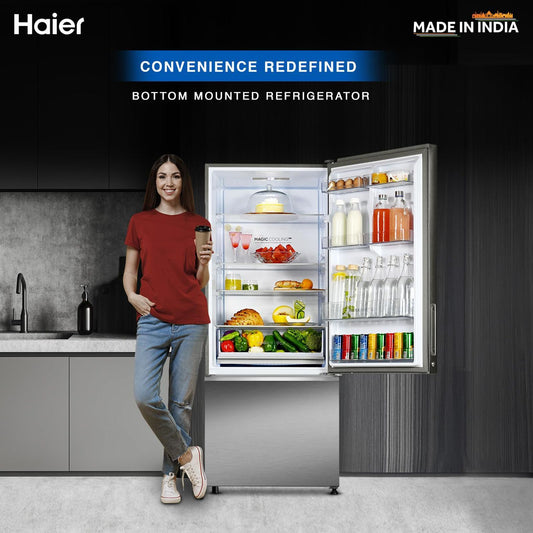 Haier 445 Litres 2 Star Frost Free Double Door Bottom Mount Convertible Refrigerator with Triple Inverter Technology (HRB-4952BIS-P, Inox Steel)