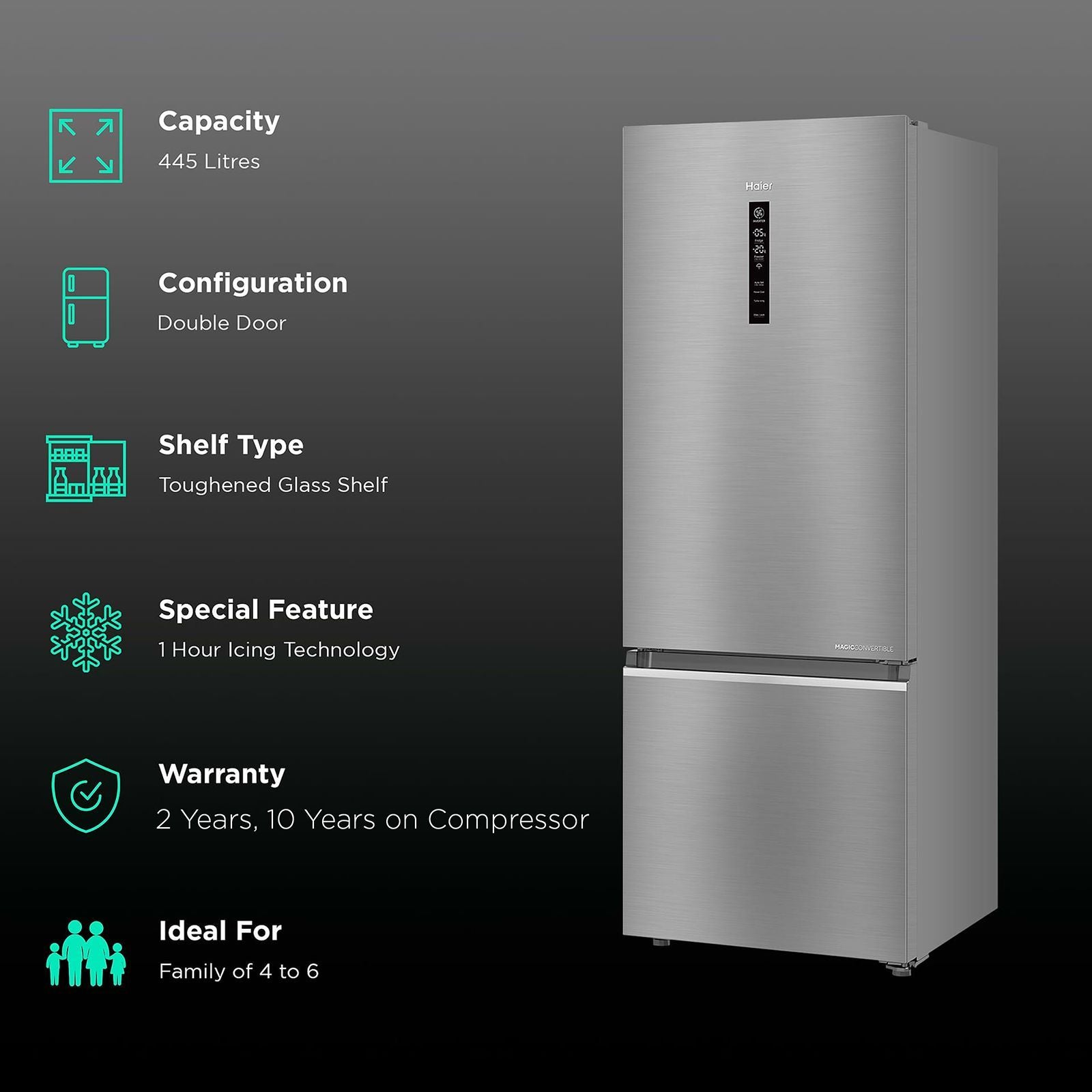 Haier 445 Litres 2 Star Frost Free Double Door Bottom Mount Convertible Refrigerator with Triple Inverter Technology (HRB-4952BIS-P, Inox Steel)