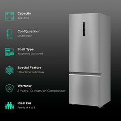 Haier 445 Litres 2 Star Frost Free Double Door Bottom Mount Convertible Refrigerator with Triple Inverter Technology (HRB-4952BIS-P, Inox Steel)