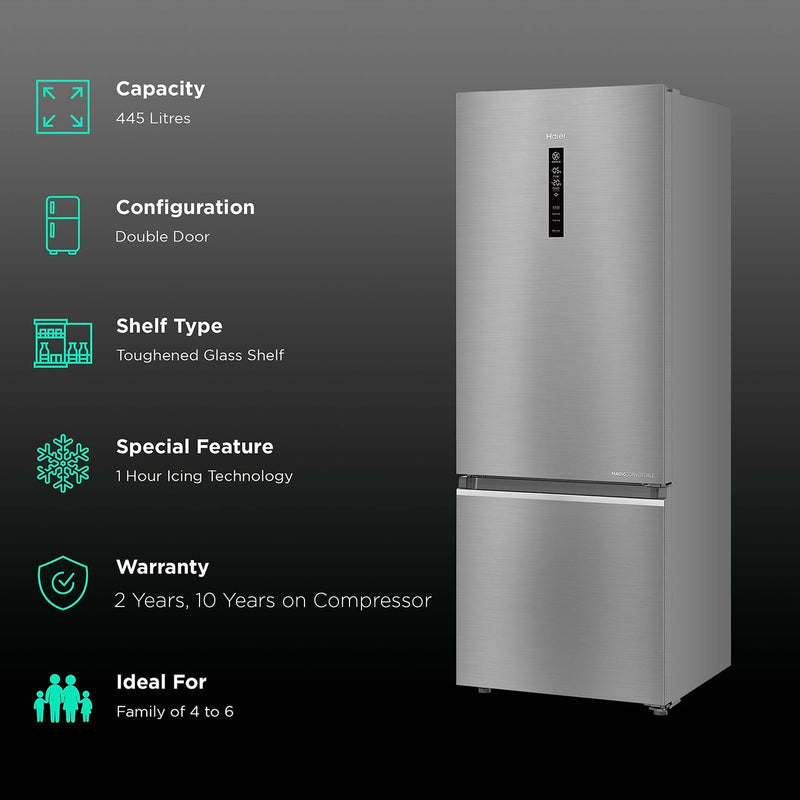 Haier 445 Litres 2 Star Frost Free Double Door Bottom Mount Convertible Refrigerator with Triple Inverter Technology (HRB-4952BIS-P, Inox Steel)