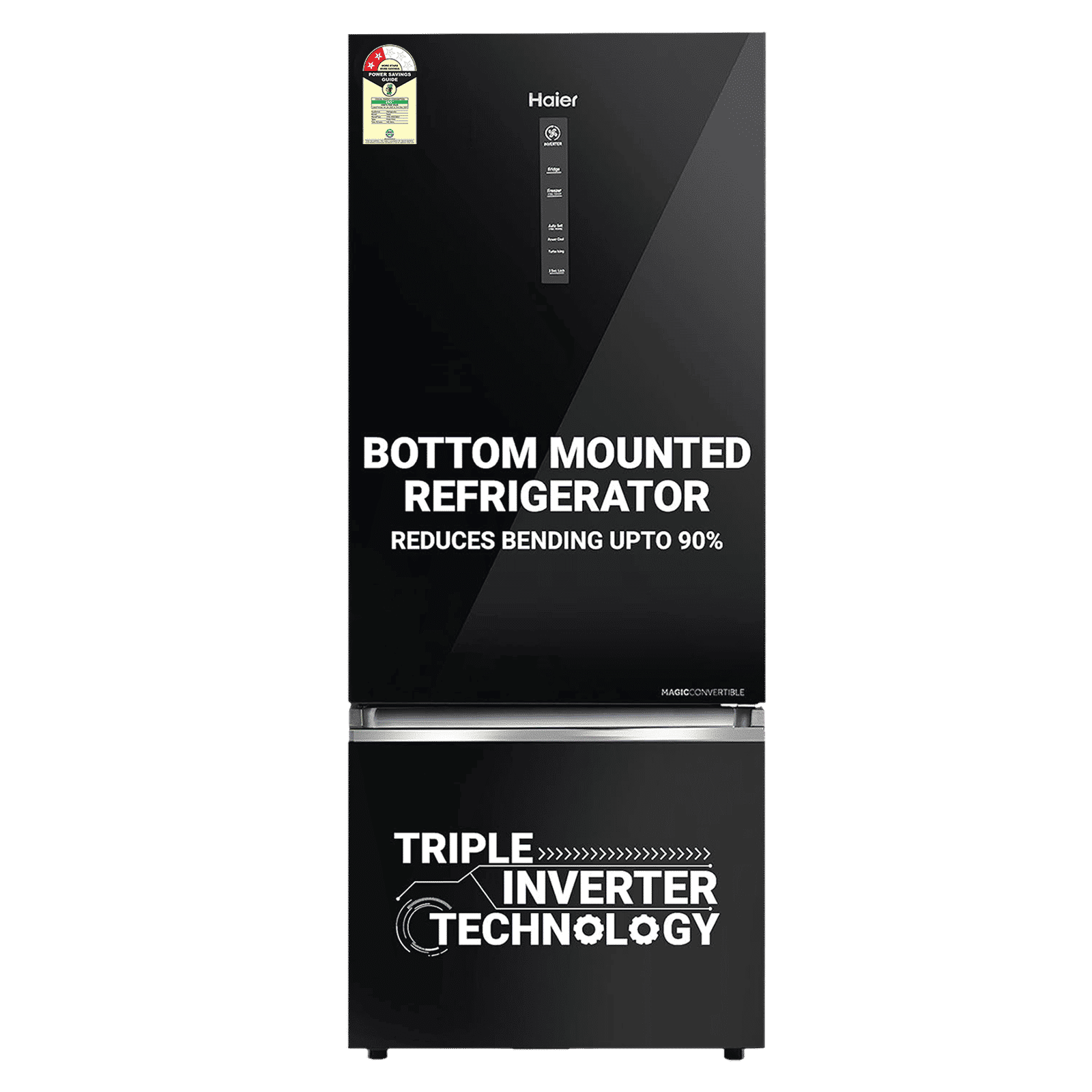Haier 445 Litres 2 Star Frost Free Double Door Bottom Mount Convertible Refrigerator with Triple Inverter Technology (HRB-4952CKG-P, Black Glass)