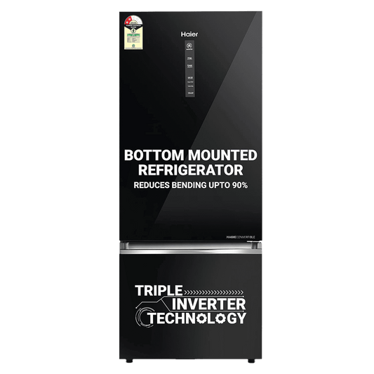 Haier 445 Litres 2 Star Frost Free Double Door Bottom Mount Convertible Refrigerator with Triple Inverter Technology (HRB-4952CKG-P, Black Glass)