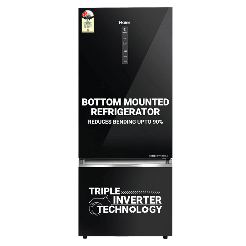 Haier 445 Litres 2 Star Frost Free Double Door Bottom Mount Convertible Refrigerator with Triple Inverter Technology (HRB-4952CKG-P, Black Glass)