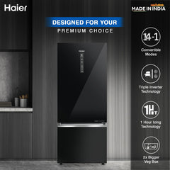 Haier 445 Litres 2 Star Frost Free Double Door Bottom Mount Convertible Refrigerator with Triple Inverter Technology (HRB-4952CKG-P, Black Glass)