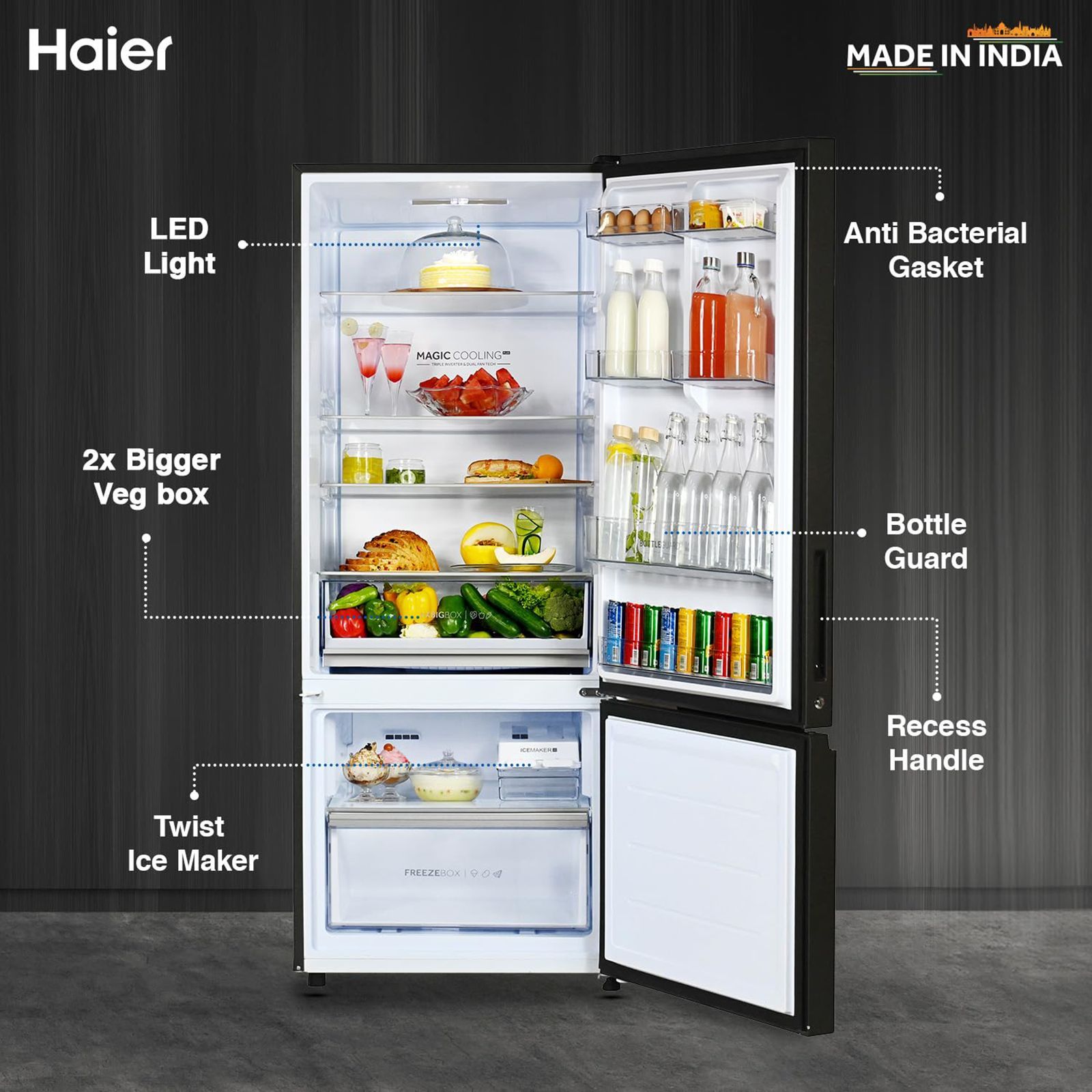 Haier 445 Litres 2 Star Frost Free Double Door Bottom Mount Convertible Refrigerator with Triple Inverter Technology (HRB-4952CKG-P, Black Glass)