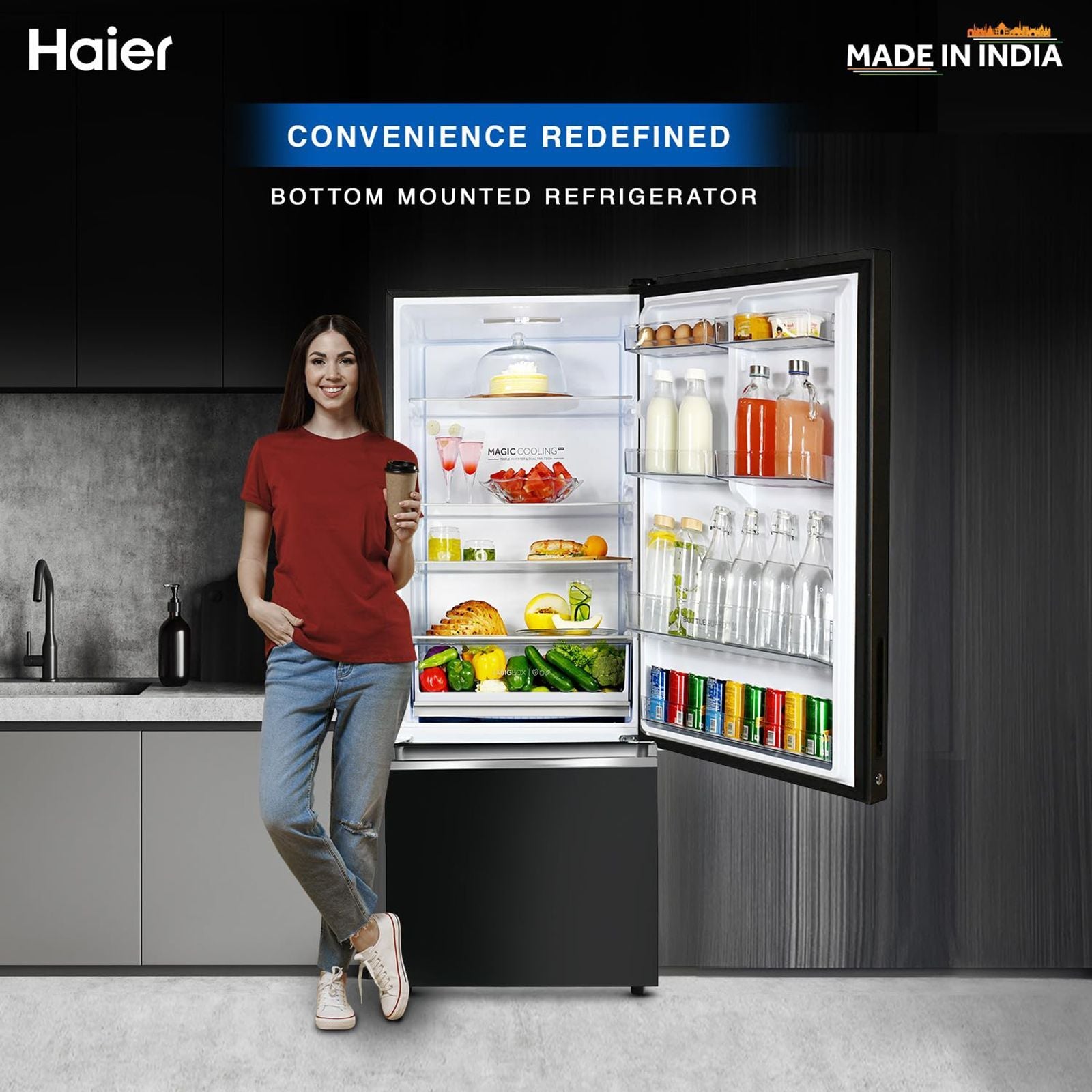 Haier 445 Litres 2 Star Frost Free Double Door Bottom Mount Convertible Refrigerator with Triple Inverter Technology (HRB-4952CKG-P, Black Glass)