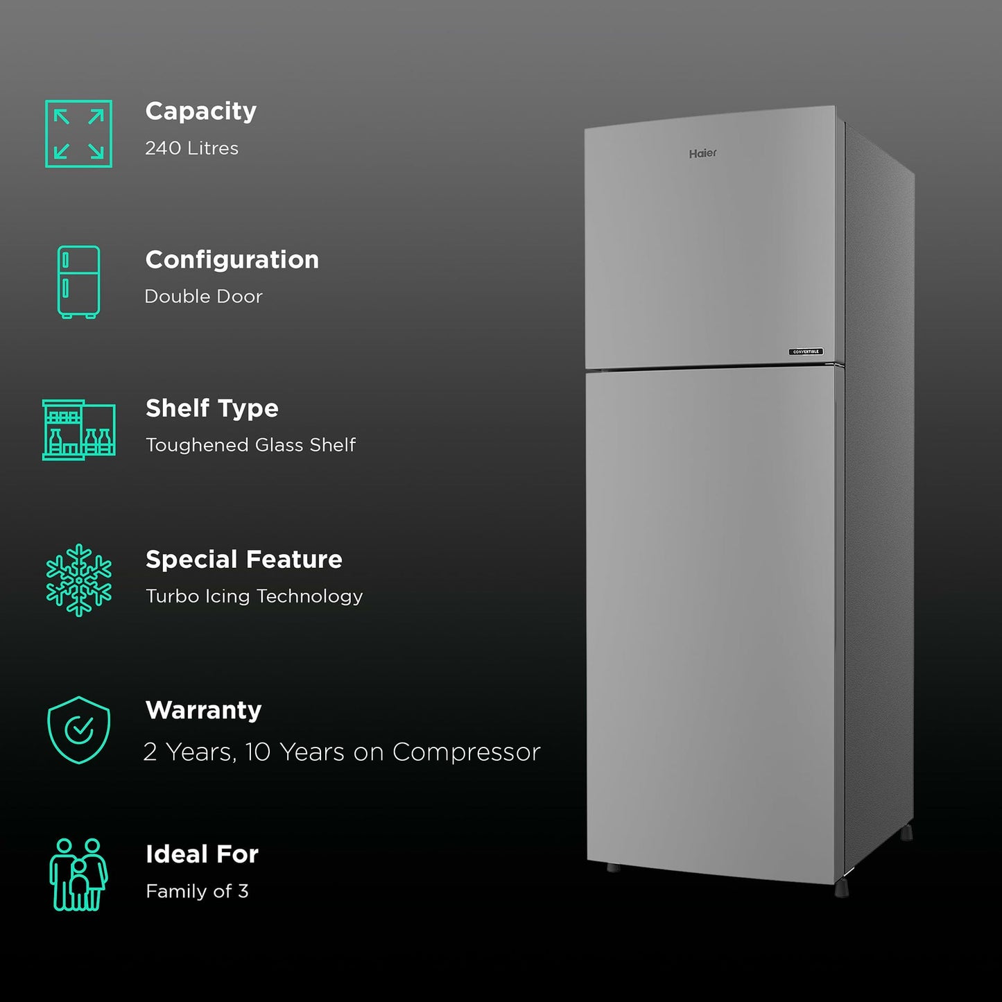 Haier 240 Litres 2 Star Frost Free Double Door Convertible Refrigerator with Turbo Icing (HRF-2902BMS-P, Moon Silver)