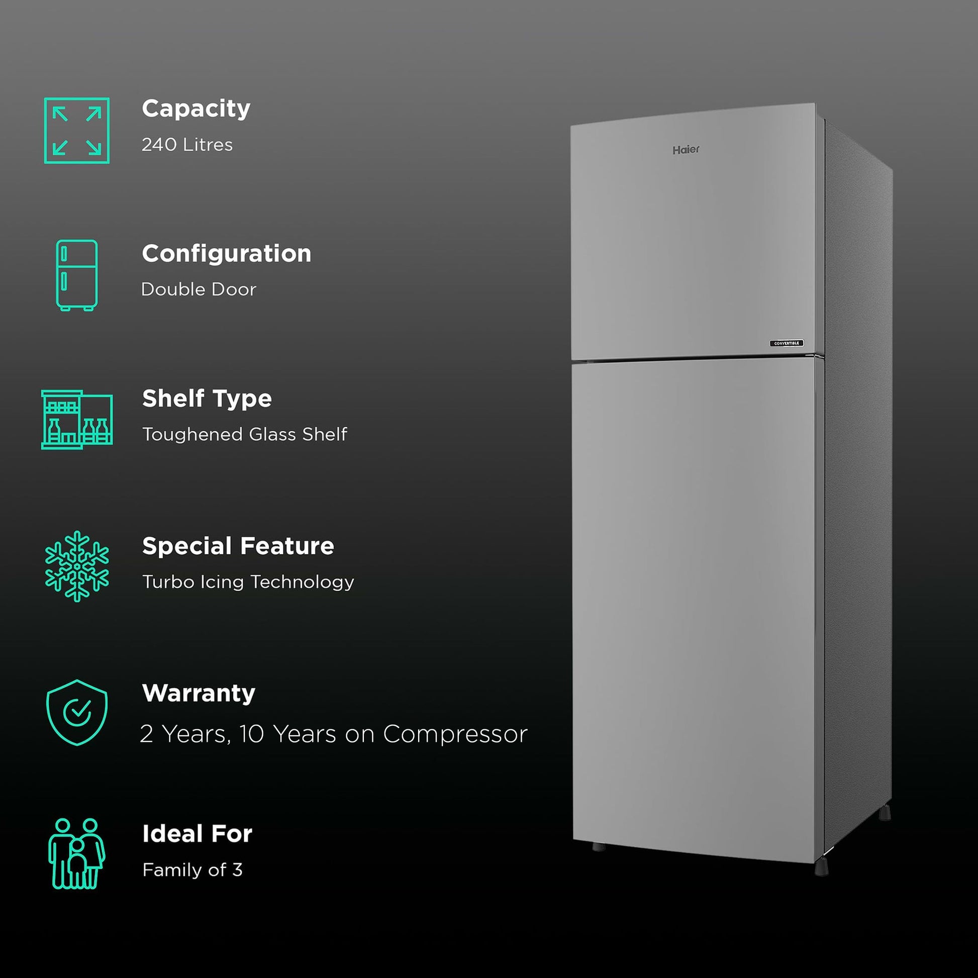 Haier 240 Litres 2 Star Frost Free Double Door Convertible Refrigerator with Turbo Icing (HRF-2902BMS-P, Moon Silver)