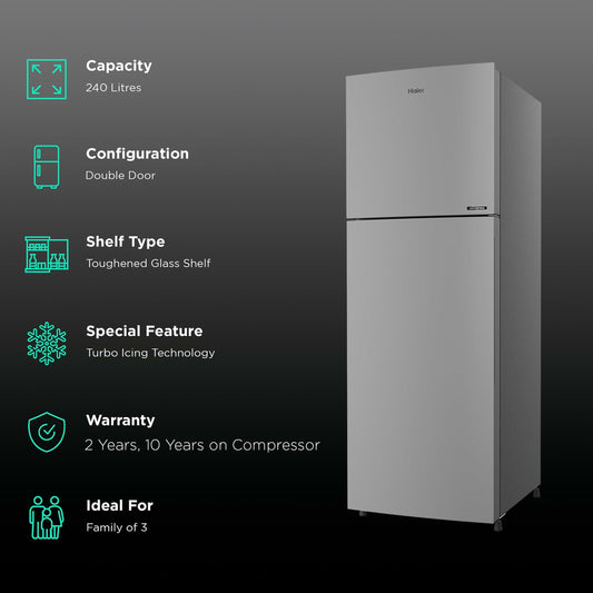 Haier 240 Litres 2 Star Frost Free Double Door Convertible Refrigerator with Turbo Icing (HRF-2902BMS-P, Moon Silver)