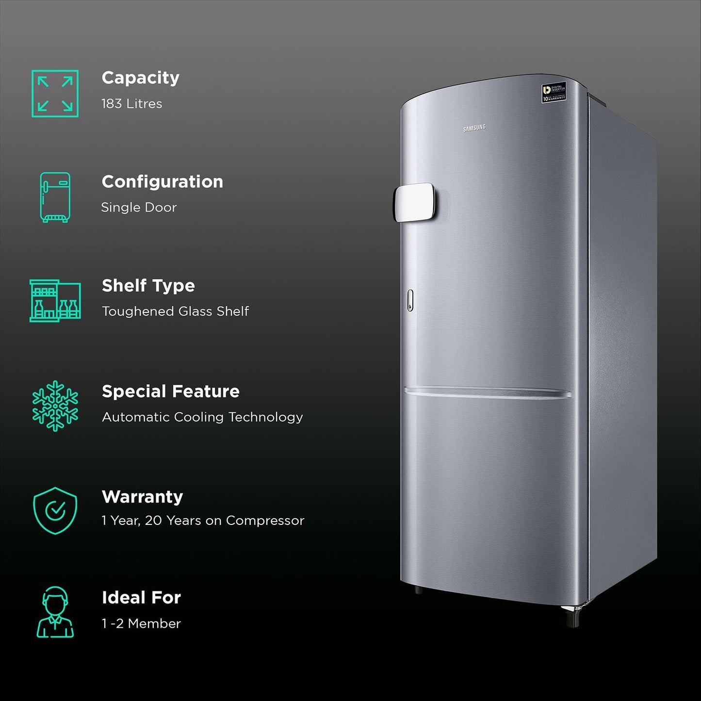 SAMSUNG Stylish Grande 183 Litres3 Star Direct Cool Single Door Refrigerator with Anti Bacterial Gasket (RR20C2Y23S8/HL, Elegant Inox)