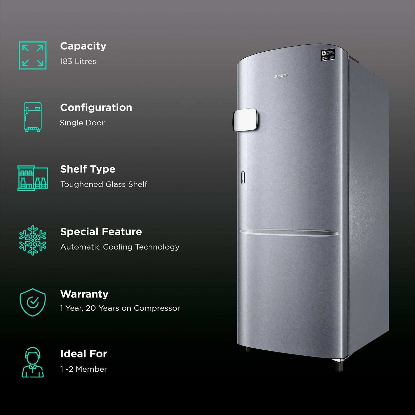 SAMSUNG Stylish Grande 183 Litres3 Star Direct Cool Single Door Refrigerator with Anti Bacterial Gasket (RR20C2Y23S8/HL, Elegant Inox)