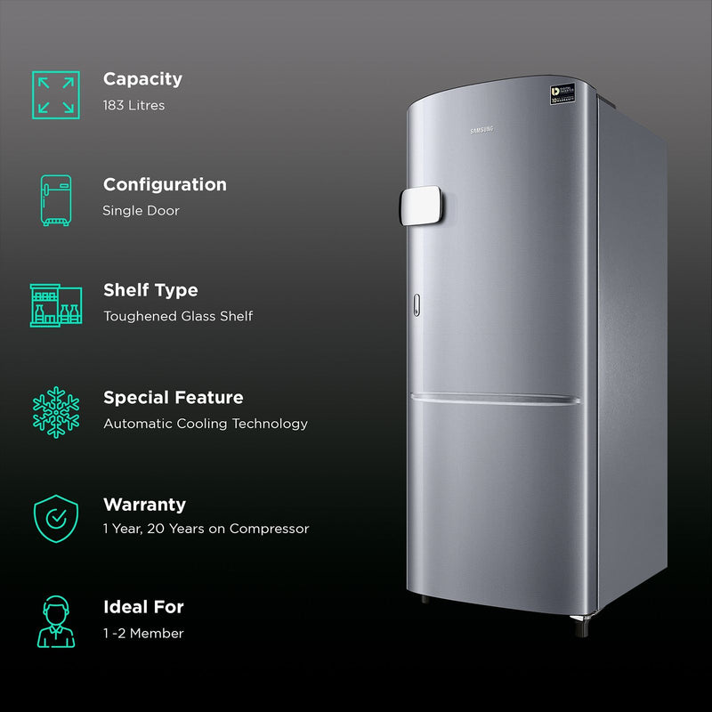 SAMSUNG Stylish Grande 183 Litres3 Star Direct Cool Single Door Refrigerator with Anti Bacterial Gasket (RR20C2Y23S8/HL, Elegant Inox)