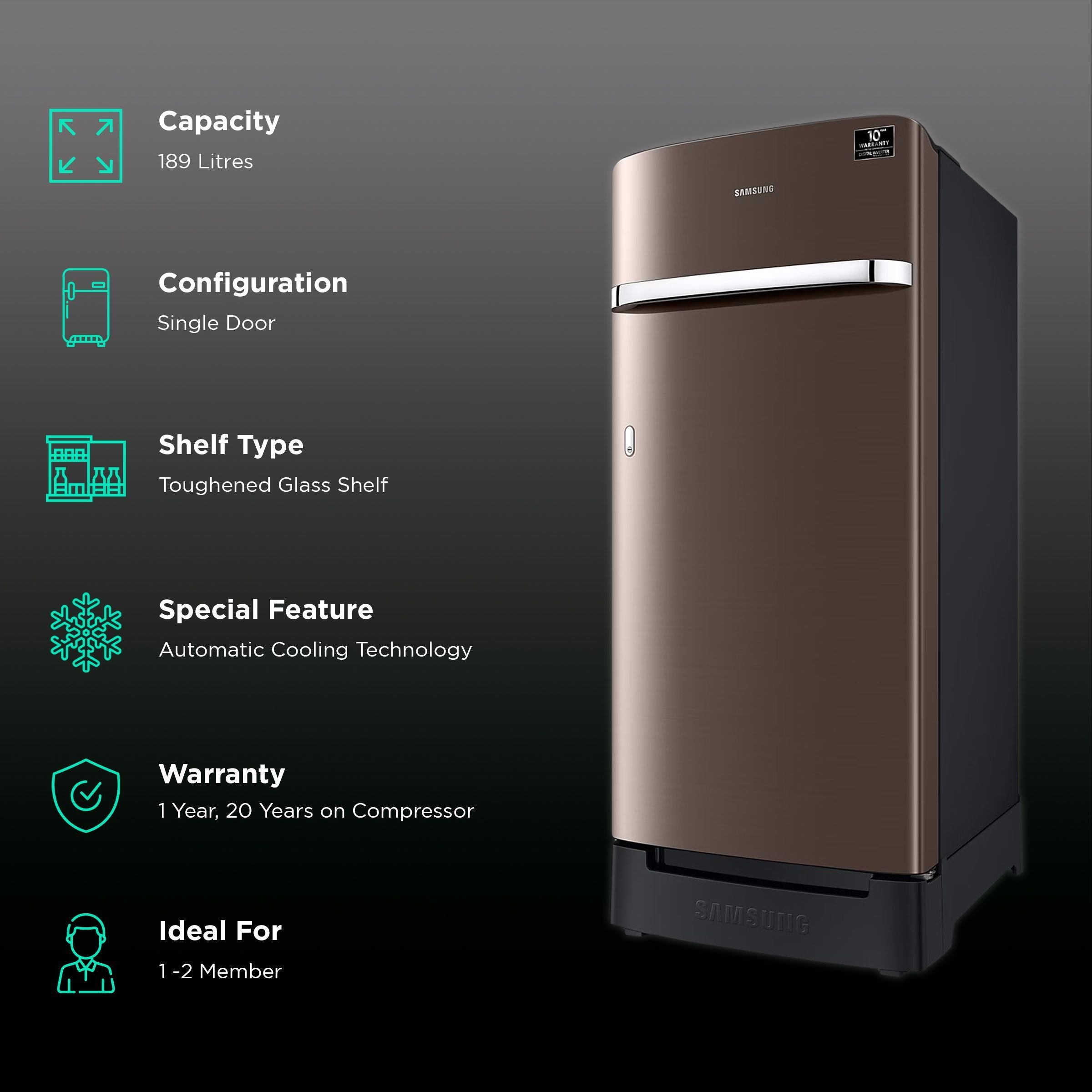 SAMSUNG Horizontal Curve 189 Litres 5 Star Direct Cool Single Door Refrigerator with Anti Bacterial Gasket (RR21C2H25DX/HL, Luxe Brown)