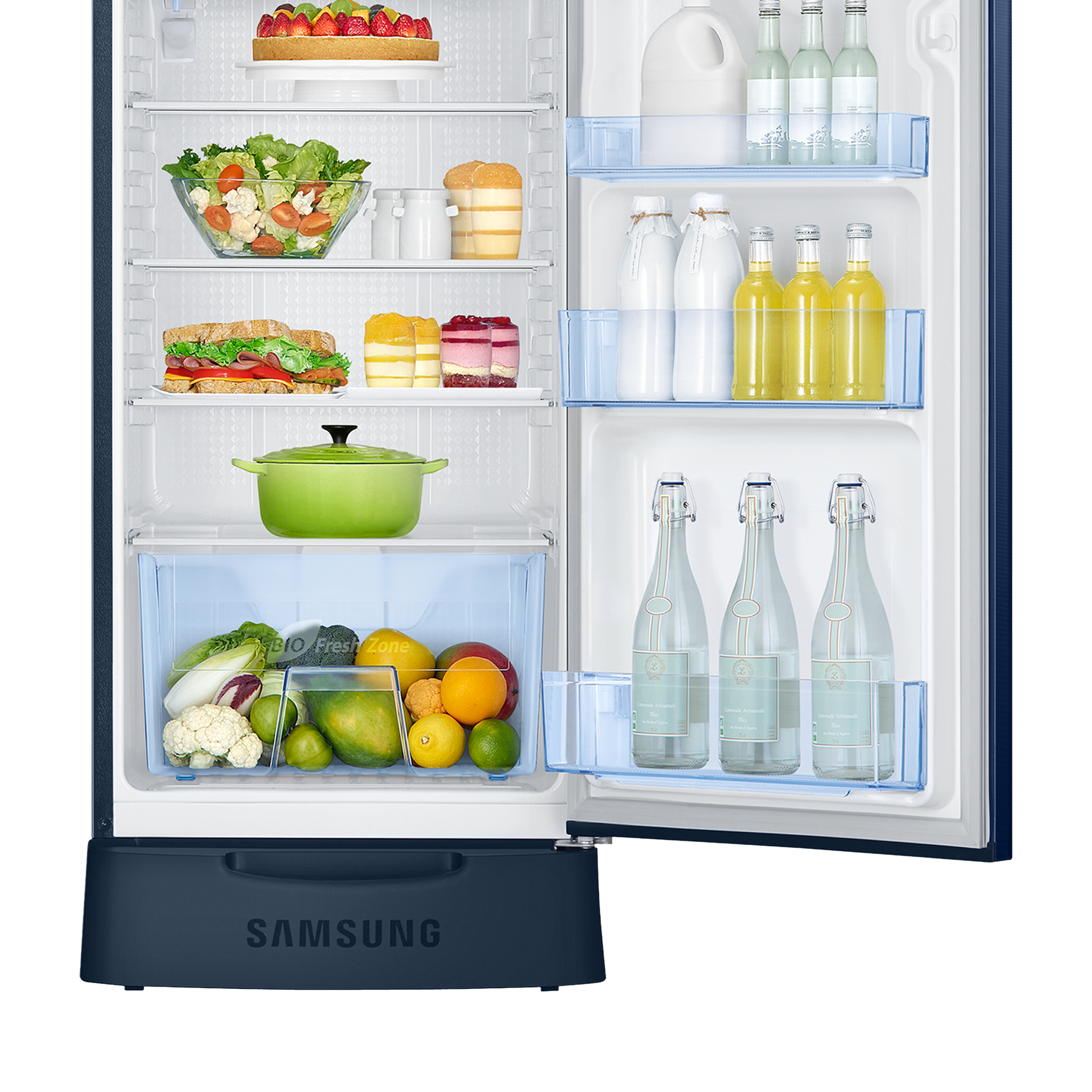 SAMSUNG Stylish Grande 223 Litres3 Star Direct Cool Single Door Refrigerator with Base Stand Drawer (RR24C2823CU/NL, Camellia Blue)