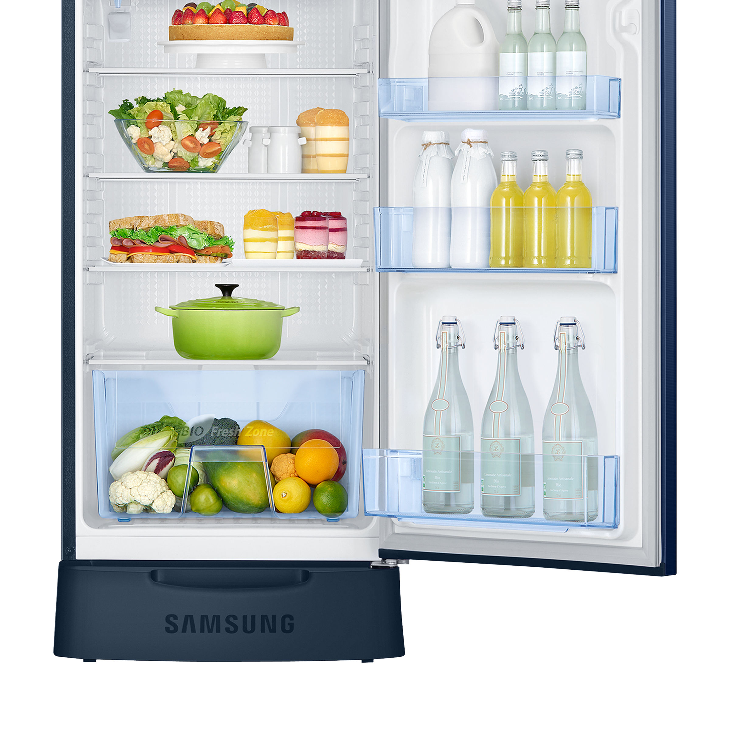 SAMSUNG Stylish Grande 223 Litres3 Star Direct Cool Single Door Refrigerator with Base Stand Drawer (RR24C2823CU/NL, Camellia Blue)