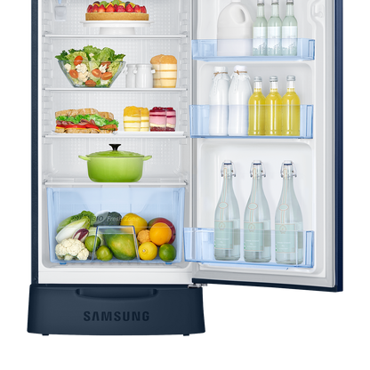 SAMSUNG Stylish Grande 223 Litres3 Star Direct Cool Single Door Refrigerator with Base Stand Drawer (RR24C2823CU/NL, Camellia Blue)