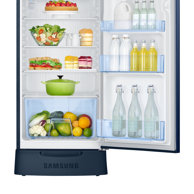 SAMSUNG Stylish Grande 223 Litres3 Star Direct Cool Single Door Refrigerator with Base Stand Drawer (RR24C2823CU/NL, Camellia Blue)