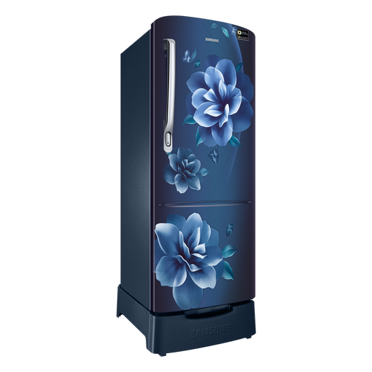 SAMSUNG Stylish Grande 223 Litres3 Star Direct Cool Single Door Refrigerator with Base Stand Drawer (RR24C2823CU/NL, Camellia Blue)
