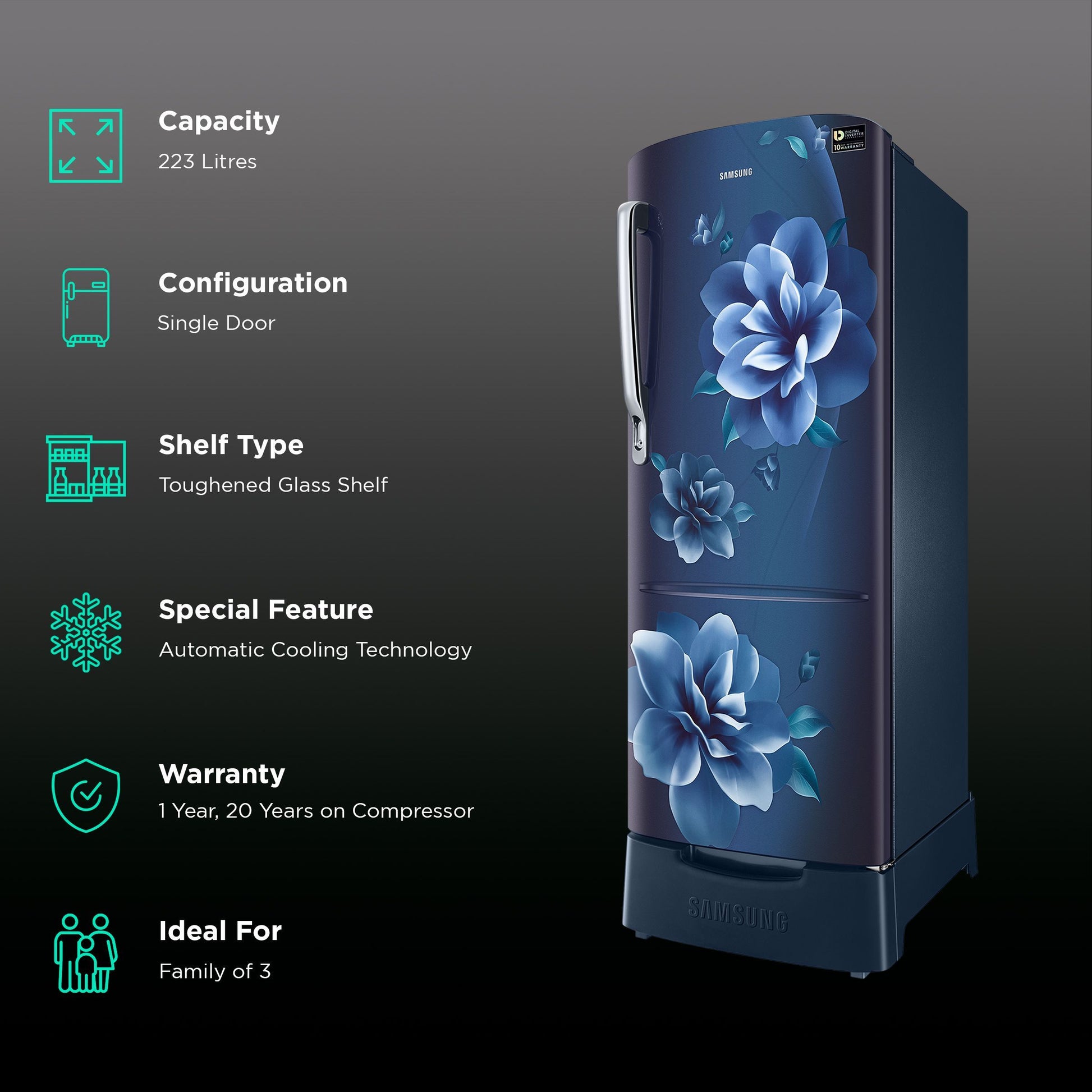 SAMSUNG Stylish Grande 223 Litres3 Star Direct Cool Single Door Refrigerator with Base Stand Drawer (RR24C2823CU/NL, Camellia Blue)