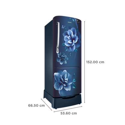 SAMSUNG Stylish Grande 223 Litres3 Star Direct Cool Single Door Refrigerator with Base Stand Drawer (RR24C2823CU/NL, Camellia Blue)