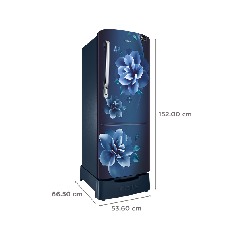 SAMSUNG Stylish Grande 223 Litres3 Star Direct Cool Single Door Refrigerator with Base Stand Drawer (RR24C2823CU/NL, Camellia Blue)