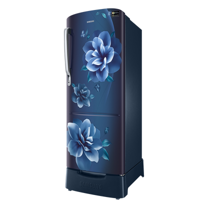 SAMSUNG Stylish Grande 223 Litres3 Star Direct Cool Single Door Refrigerator with Base Stand Drawer (RR24C2823CU/NL, Camellia Blue)