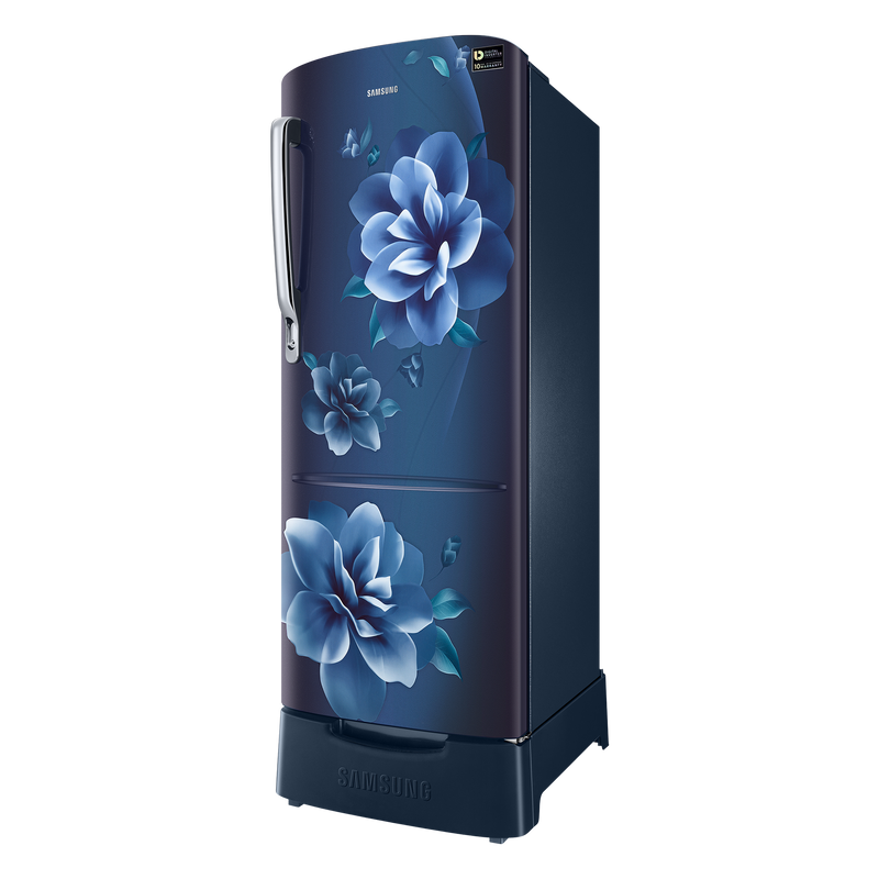 SAMSUNG Stylish Grande 223 Litres3 Star Direct Cool Single Door Refrigerator with Base Stand Drawer (RR24C2823CU/NL, Camellia Blue)