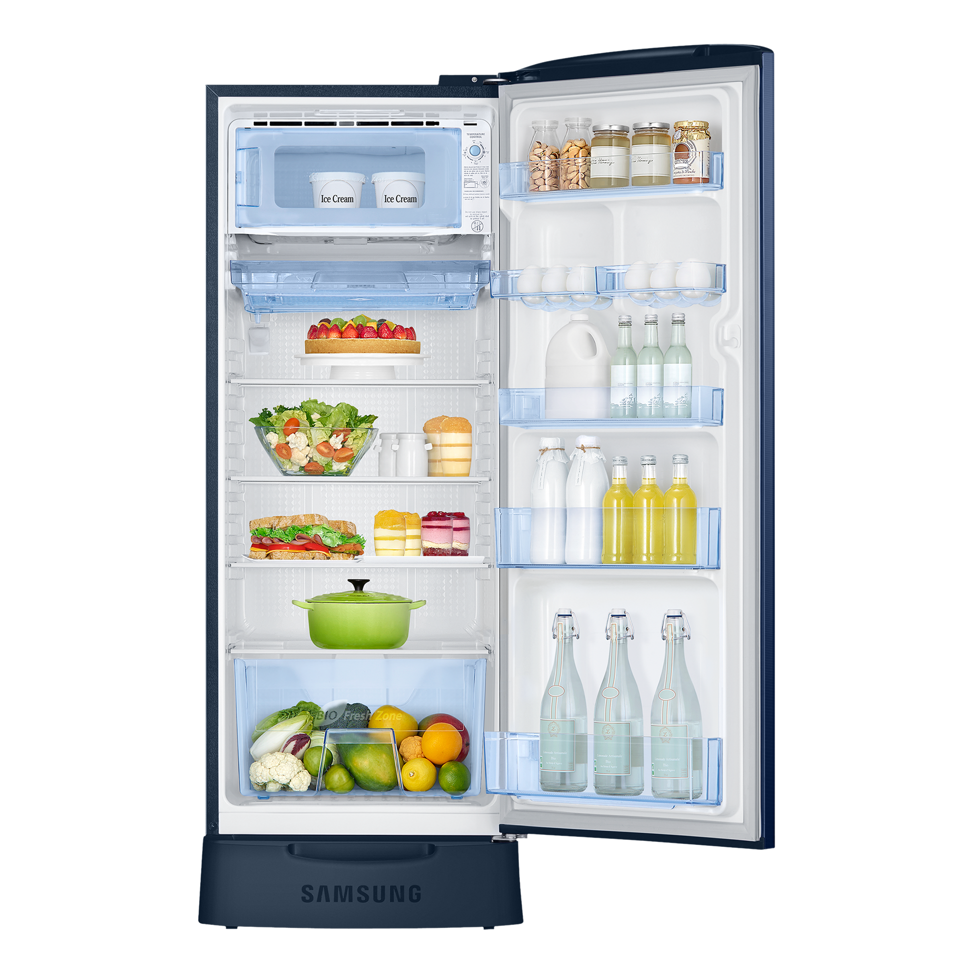 SAMSUNG Stylish Grande 223 Litres3 Star Direct Cool Single Door Refrigerator with Base Stand Drawer (RR24C2823CU/NL, Camellia Blue)