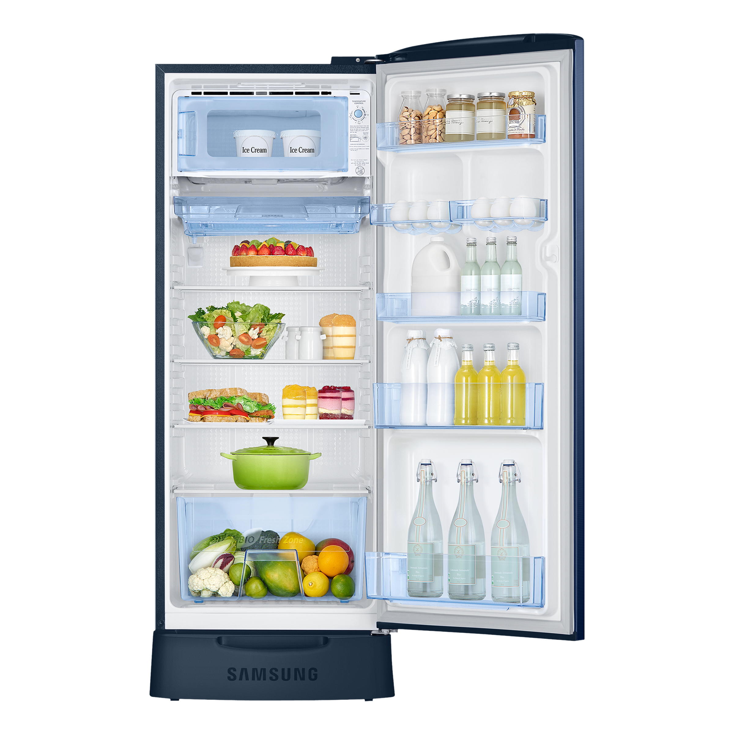 SAMSUNG Stylish Grande 223 Litres3 Star Direct Cool Single Door Refrigerator with Base Stand Drawer (RR24C2823CU/NL, Camellia Blue)